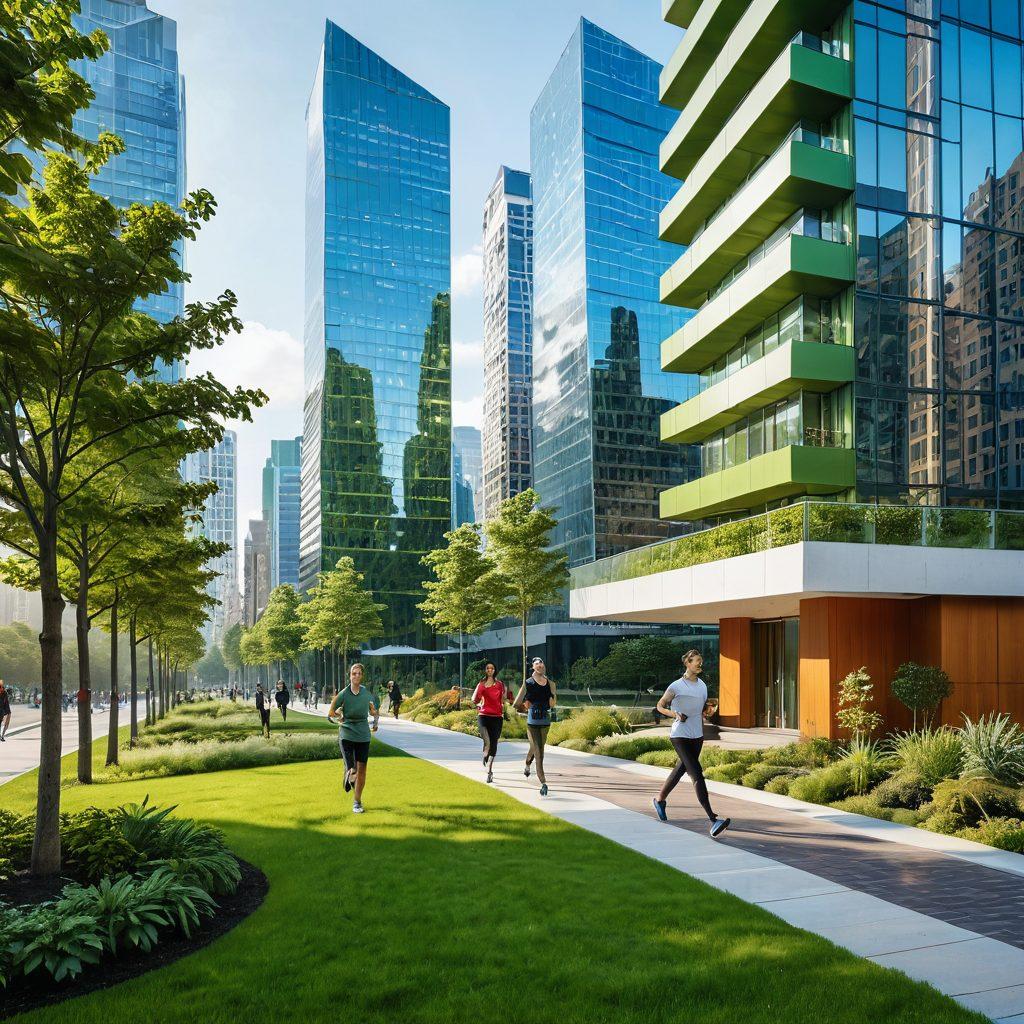 A vibrant cityscape illustrating active living, featuring people jogging, cycling, and practicing yoga in a park. Incorporate futuristic architecture with green rooftops and smart technology. Overlay graphical elements representing insurance solutions, like digital shields or protection symbols. The scene should be infused with energy and positivity, inviting viewers to envision a balance between lifestyle and security. super-realistic. vibrant colors. 3D.