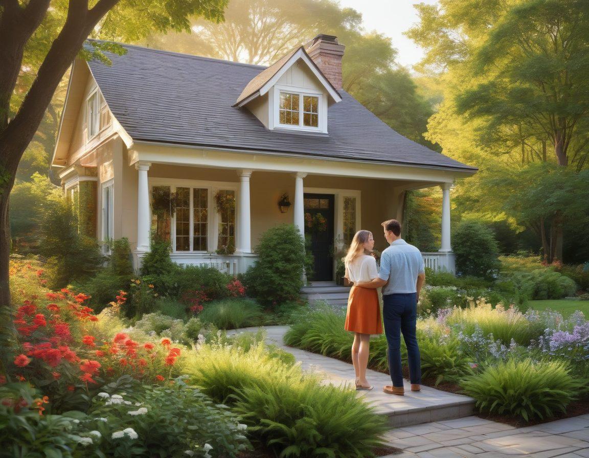 A warm, inviting scene of a couple examining a cozy home while surrounded by lush greenery and blooming flowers, symbolizing growth and security in property value. Incorporate elements of heart shapes subtly integrated into the design, representing passion in investment. Include a chart or blueprint in their hands showing upward trends. Bright sunlight filtering through trees, creating a hopeful aura. super-realistic. vibrant colors. nature-inspired.