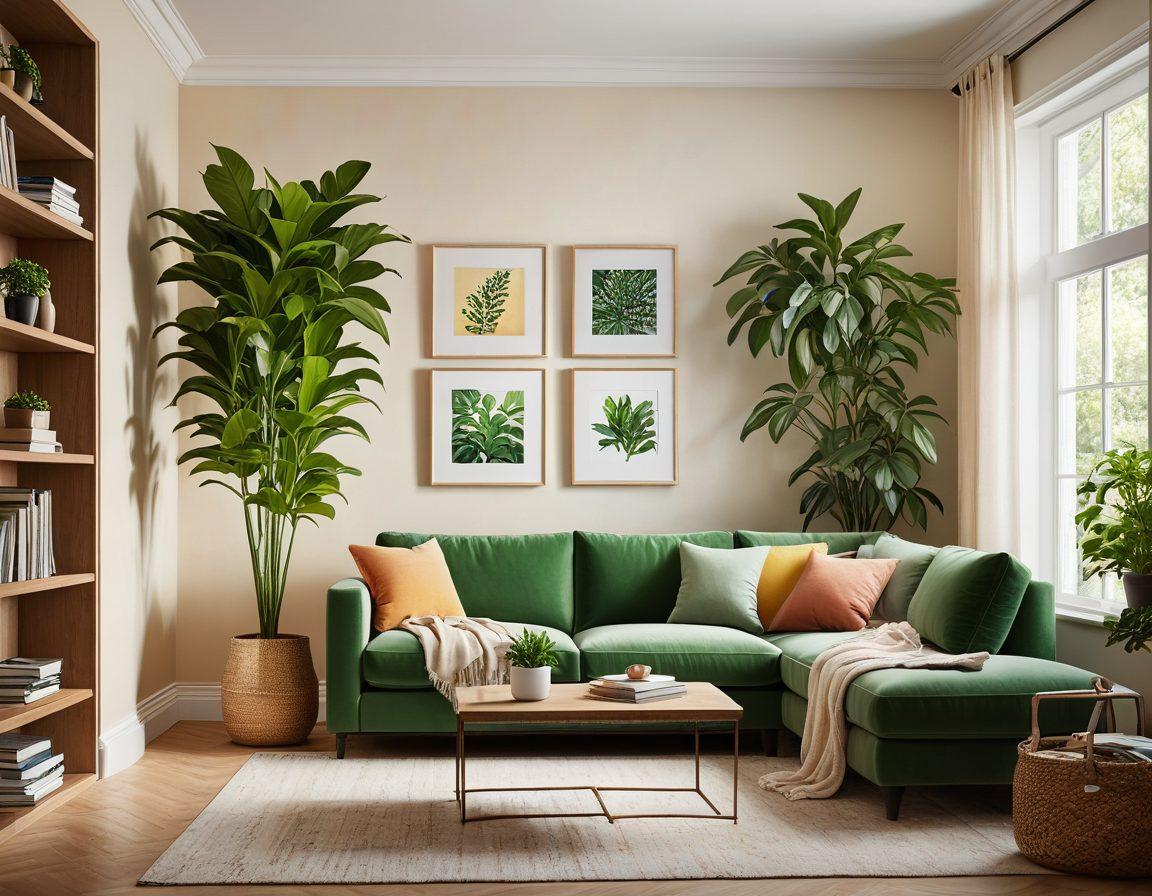 A cozy, inviting living room featuring a comfortable sofa, warm lighting, and a framed picture of a beautiful home. In the background, a bookshelf filled with property investment books and a subtle overlay of insurance documents floating gently in the air. A lush indoor plant adds a touch of nature. The scene radiates warmth and security, inviting the viewer to engage with the content. super-realistic. vibrant colors. soft lighting.